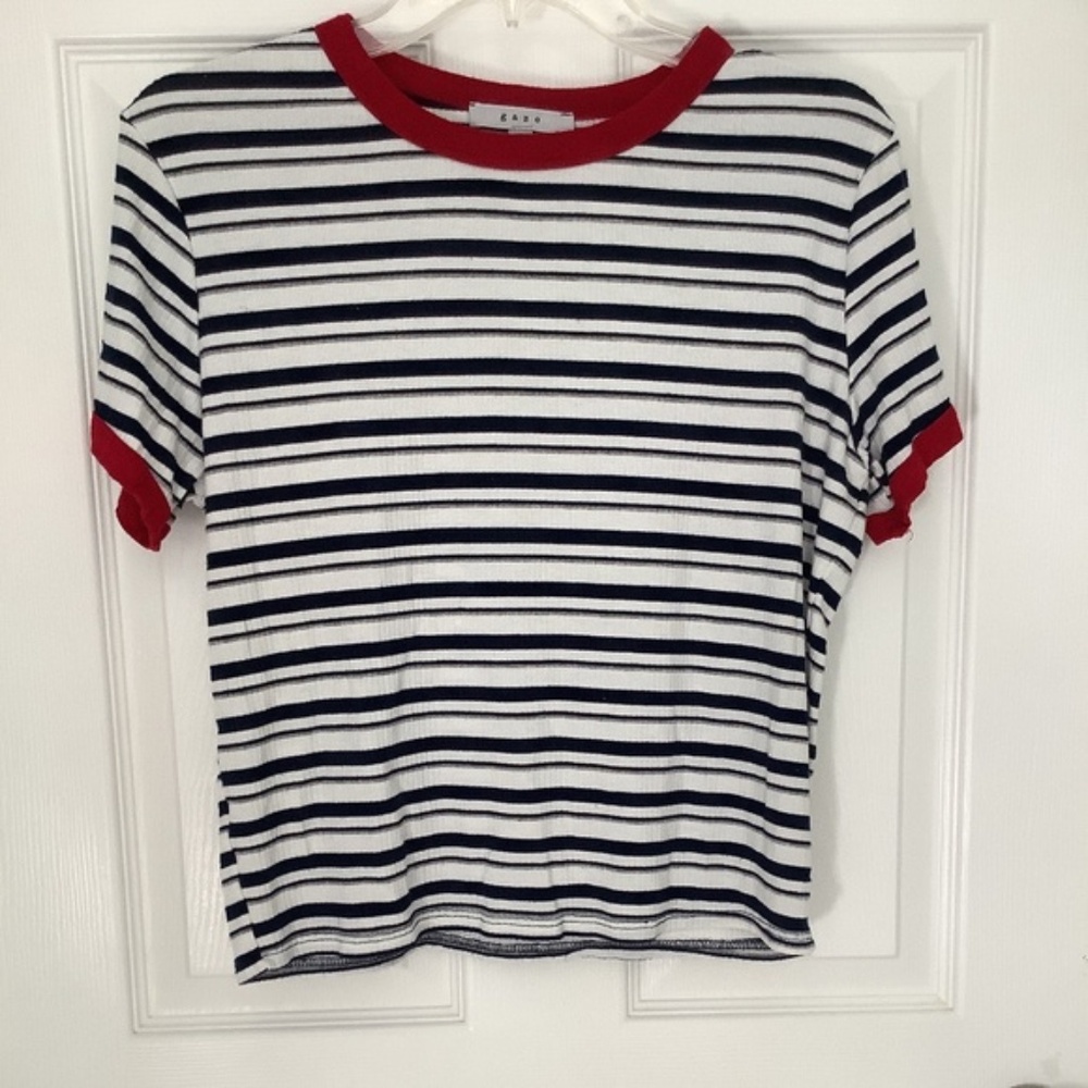 Gaze Red/White/Blue/Gray Striped Cropped Tee JL LIKE NEW